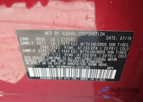 2020 Subaru Ascent Limited из США, поврежденный, VIN 4S4WMAMD4L3406184